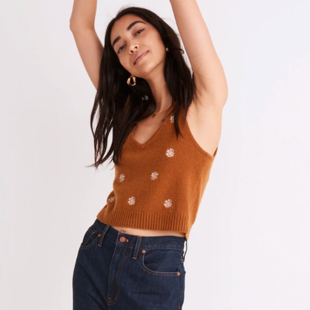 Madewell Floral-Embroidered V-Neck Sweater Tank Top Brown Cropped Boho Size M